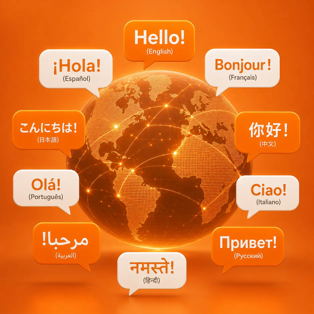 Speech bubbles greeting visitors in many languages around a globe